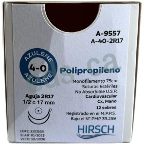 Sutura PROLENE 4/0 AZULENE  Aguja Doble ½ o 17mm DE 75 cm No Absorbible CARDIO Equiv = 9557 - HIRSCH - Imagen 2